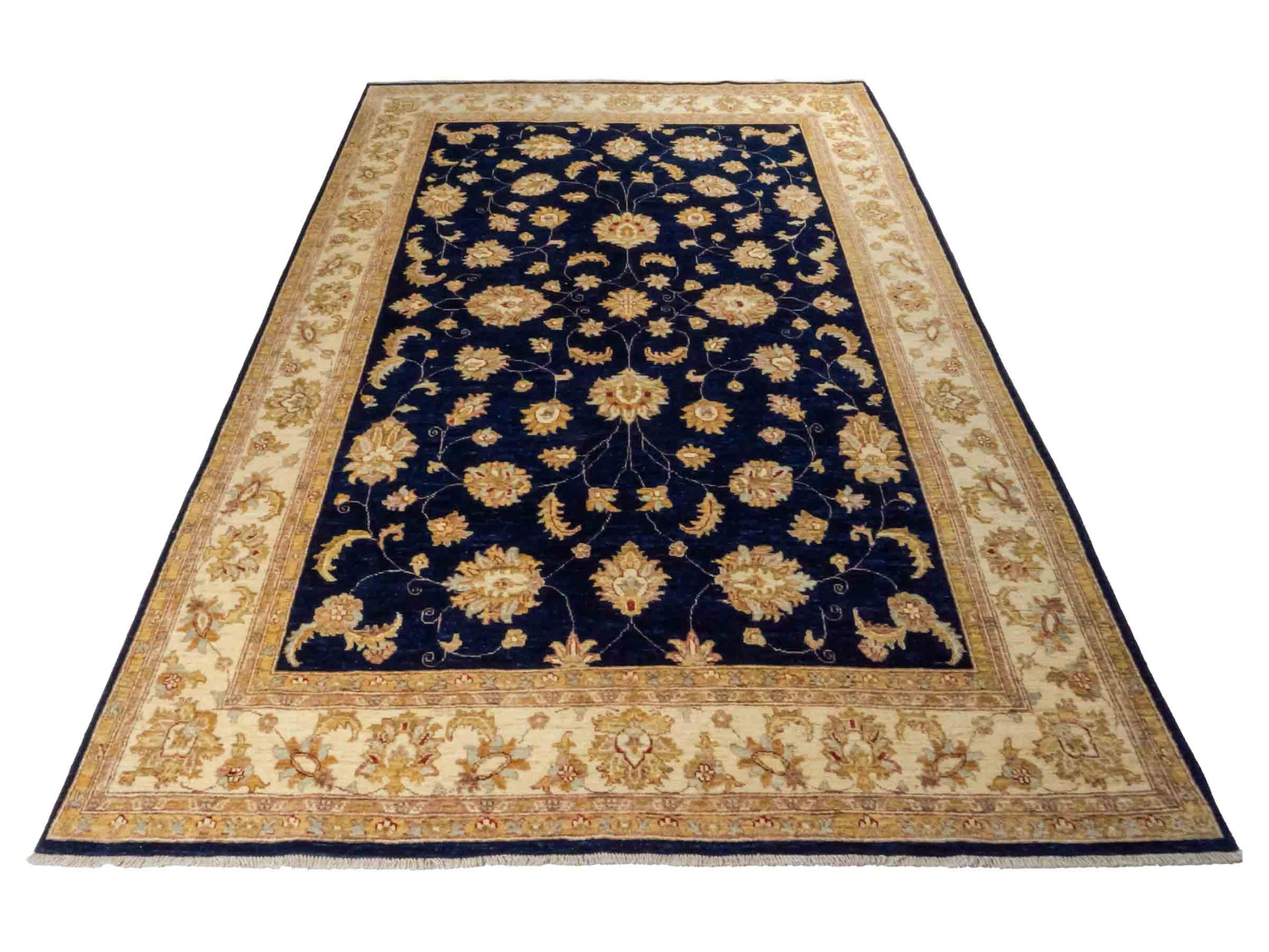 Handgeknüpfter Ziegler Farahan Orientteppich von Khademi aus Wolle, blau, navy, gold, beige. Klassisches Allover-Design. Traditionell von Hand geknüpft in Afghanistan. Größe: 304 cm x 201 cm. Teppichnummer: RB3-1021. Verkauf durch Jupiter Intl.