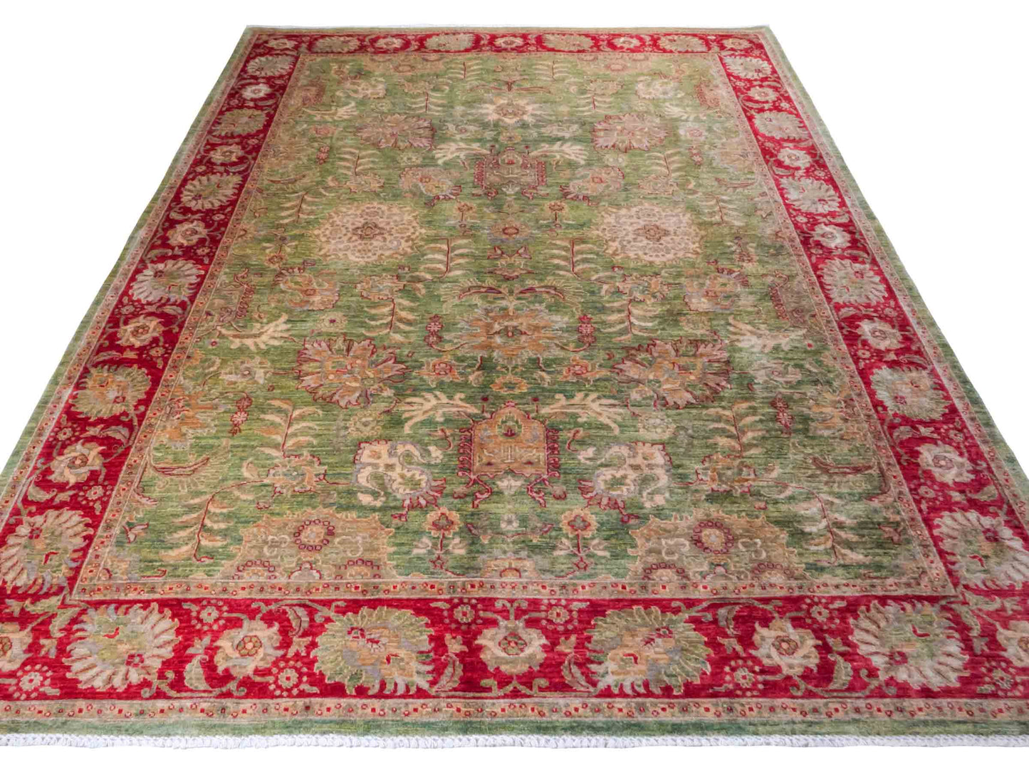 Handgeknüpfter Ziegler Farahan Orientteppich von Khademi aus Wolle, grün, rot. Klassisches Allover-Design. Traditionell von Hand geknüpft in Afghanistan. Größe: 306 cm x 242 cm. Teppichnummer: RB3-1016. Verkauf durch Jupiter Intl.