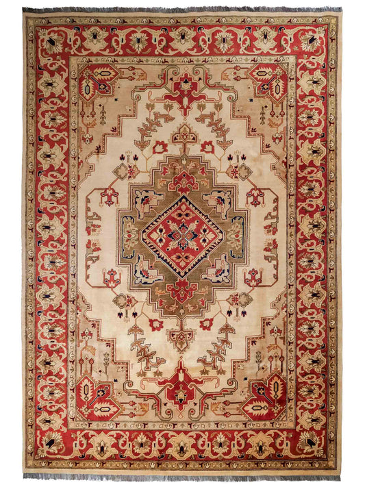 Handgeknüpfter Ziegler Heriz Orientteppich von Khademi aus Wolle, beige, rot. Klassisch-geometrisches Medaillon-Design. Von Hand geknüpft in Afghanistan. Größe: 268 cm x 186 cm. Teppichnummer: RB3-1009. Verkauf durch Jupiter Intl.