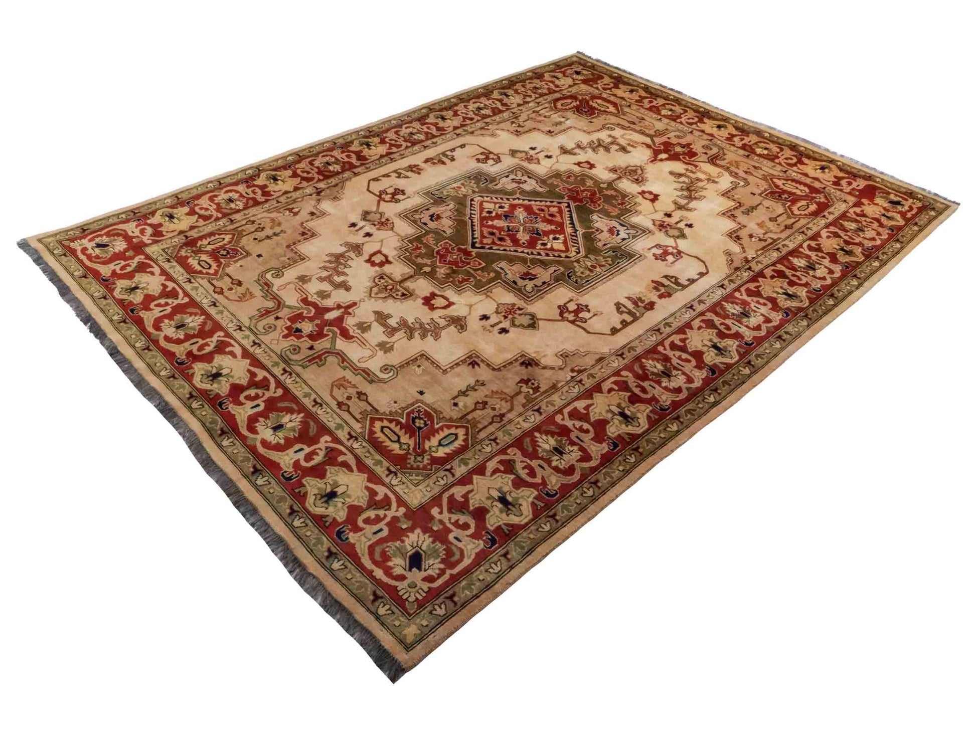 Handgeknüpfter Ziegler Heriz Orientteppich von Khademi aus Wolle, beige, rot. Klassisch-geometrisches Medaillon-Design. Von Hand geknüpft in Afghanistan. Größe: 268 cm x 186 cm. Teppichnummer: RB3-1009. Verkauf durch Jupiter Intl.