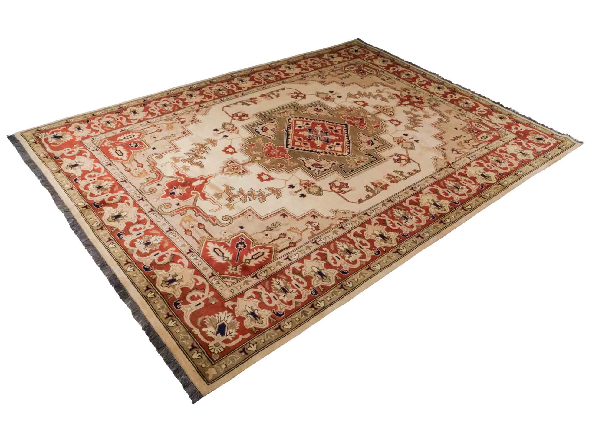 Handgeknüpfter Ziegler Heriz Orientteppich von Khademi aus Wolle, beige, rot. Klassisch-geometrisches Medaillon-Design. Von Hand geknüpft in Afghanistan. Größe: 268 cm x 186 cm. Teppichnummer: RB3-1009. Verkauf durch Jupiter Intl.