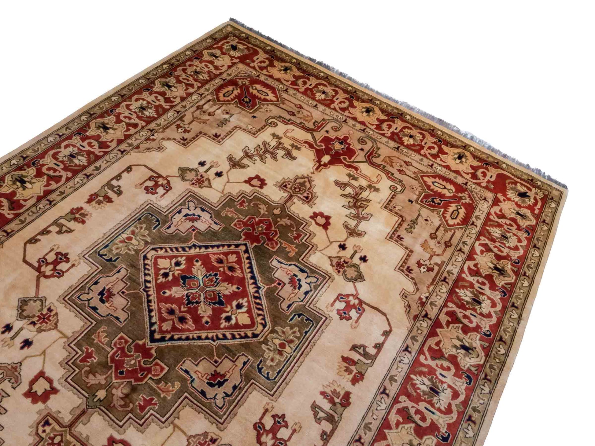 Handgeknüpfter Ziegler Heriz Orientteppich von Khademi aus Wolle, beige, rot. Klassisch-geometrisches Medaillon-Design. Von Hand geknüpft in Afghanistan. Größe: 268 cm x 186 cm. Teppichnummer: RB3-1009. Verkauf durch Jupiter Intl.