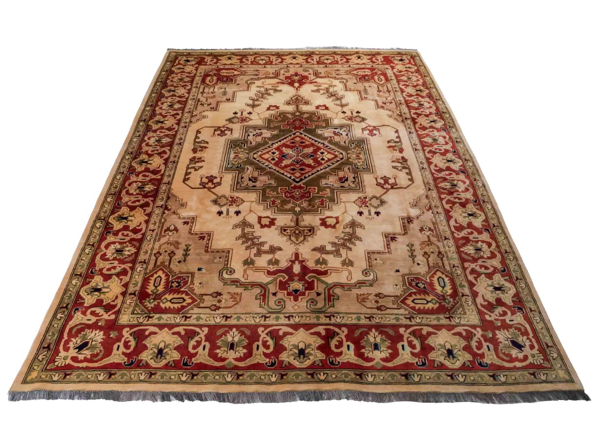 Handgeknüpfter Ziegler Heriz Orientteppich von Khademi aus Wolle, beige, rot. Klassisch-geometrisches Medaillon-Design. Von Hand geknüpft in Afghanistan. Größe: 268 cm x 186 cm. Teppichnummer: RB3-1009. Verkauf durch Jupiter Intl.