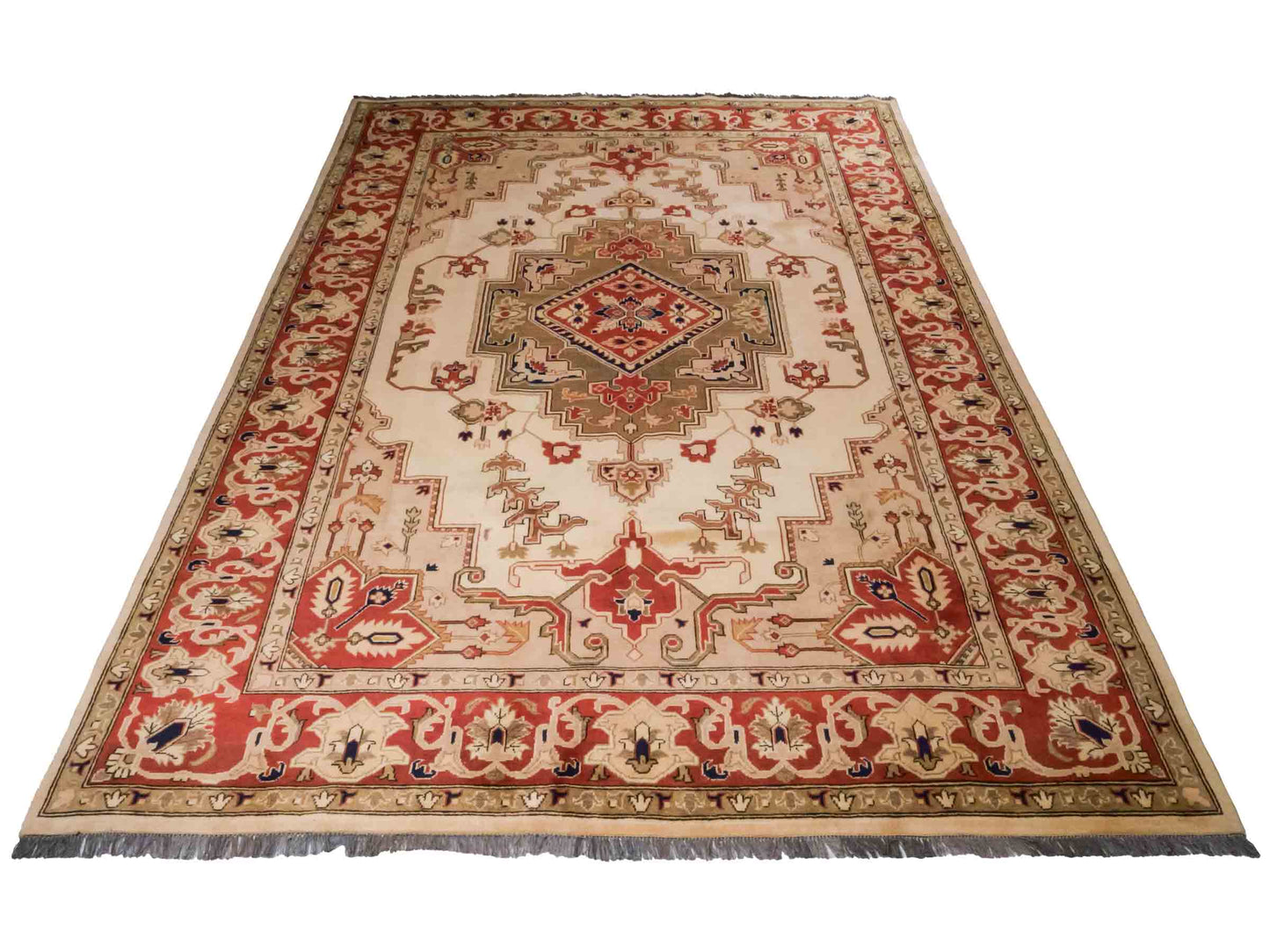 Handgeknüpfter Ziegler Heriz Orientteppich von Khademi aus Wolle, beige, rot. Klassisch-geometrisches Medaillon-Design. Von Hand geknüpft in Afghanistan. Größe: 268 cm x 186 cm. Teppichnummer: RB3-1009. Verkauf durch Jupiter Intl.