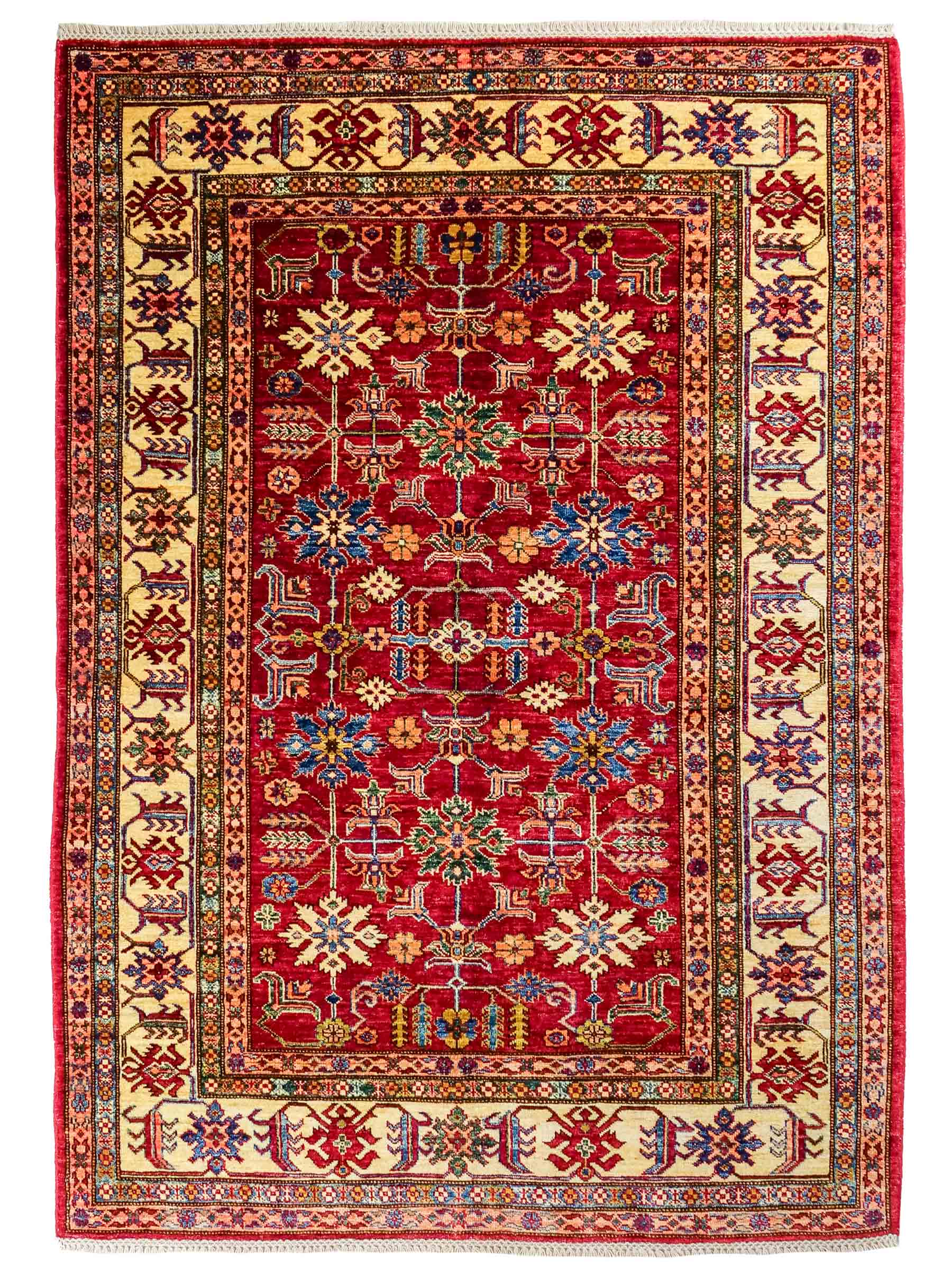 Handgeknüpfter Ziegler Kazak Orientteppich von Khademi aus Wolle, rot. Klassisches Design. Von Hand geknüpft in Afghanistan. Größe: 193 cm x 146 cm. Teppichnummer: RB3-1062. Verkauf durch Jupiter Intl.