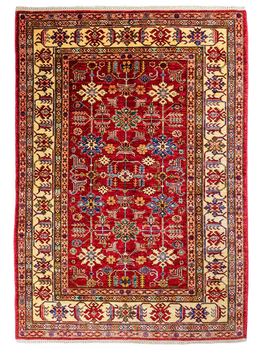 Handgeknüpfter Ziegler Kazak Orientteppich von Khademi aus Wolle, rot. Klassisches Design. Von Hand geknüpft in Afghanistan. Größe: 193 cm x 146 cm. Teppichnummer: RB3-1062. Verkauf durch Jupiter Intl.