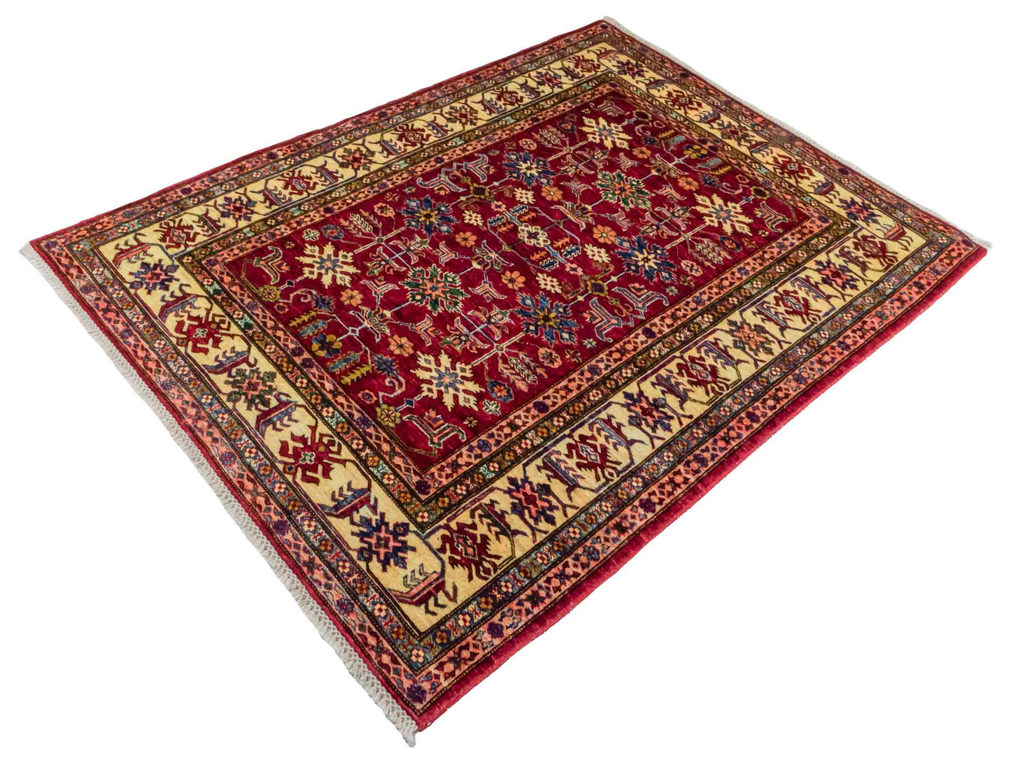 Handgeknüpfter Ziegler Kazak Orientteppich von Khademi aus Wolle, rot. Klassisches Design. Von Hand geknüpft in Afghanistan. Größe: 193 cm x 146 cm. Teppichnummer: RB3-1062. Verkauf durch Jupiter Intl.
