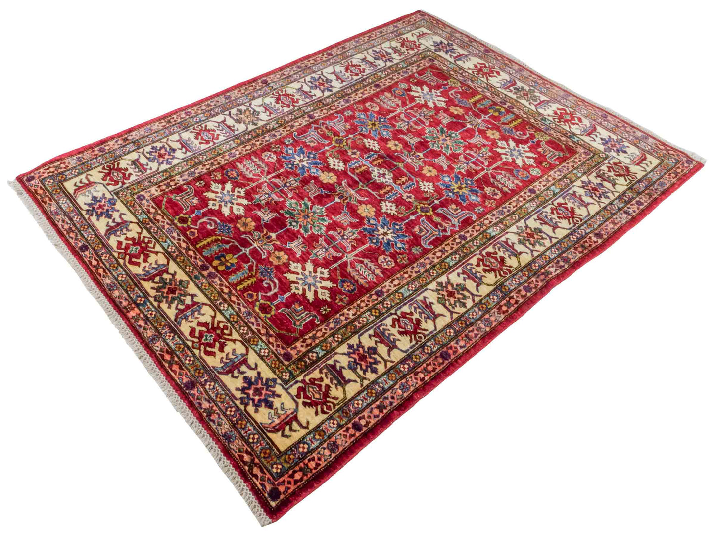 Handgeknüpfter Ziegler Kazak Orientteppich von Khademi aus Wolle, rot. Klassisches Design. Von Hand geknüpft in Afghanistan. Größe: 193 cm x 146 cm. Teppichnummer: RB3-1062. Verkauf durch Jupiter Intl.