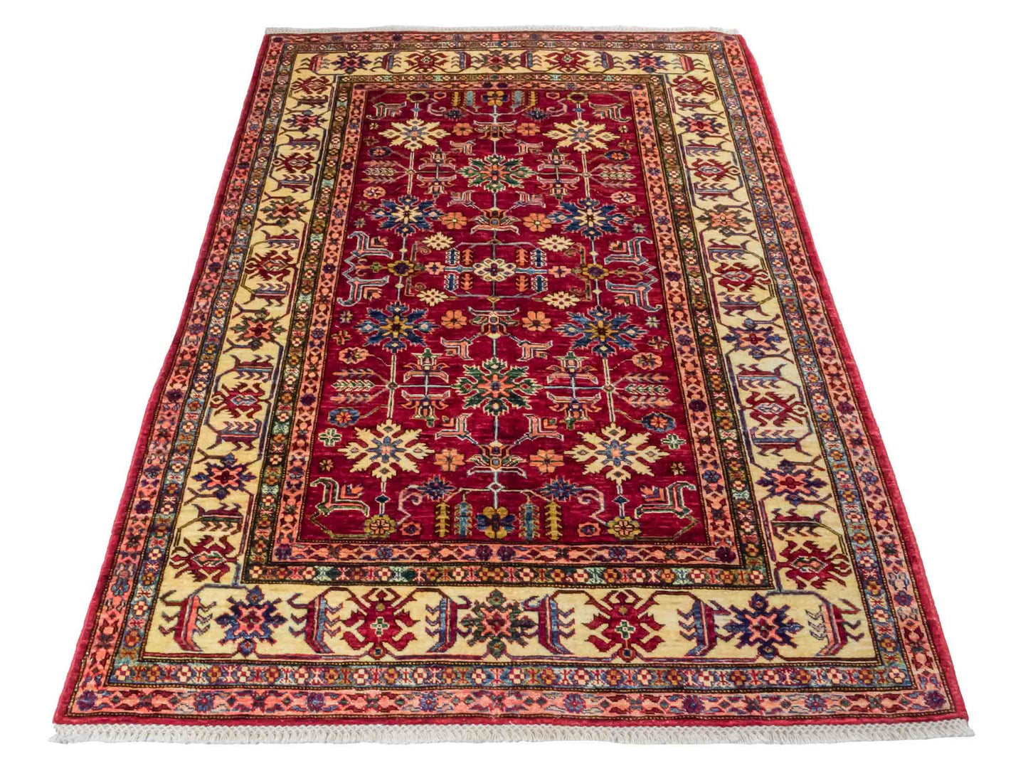 Handgeknüpfter Ziegler Kazak Orientteppich von Khademi aus Wolle, rot. Klassisches Design. Von Hand geknüpft in Afghanistan. Größe: 193 cm x 146 cm. Teppichnummer: RB3-1062. Verkauf durch Jupiter Intl.