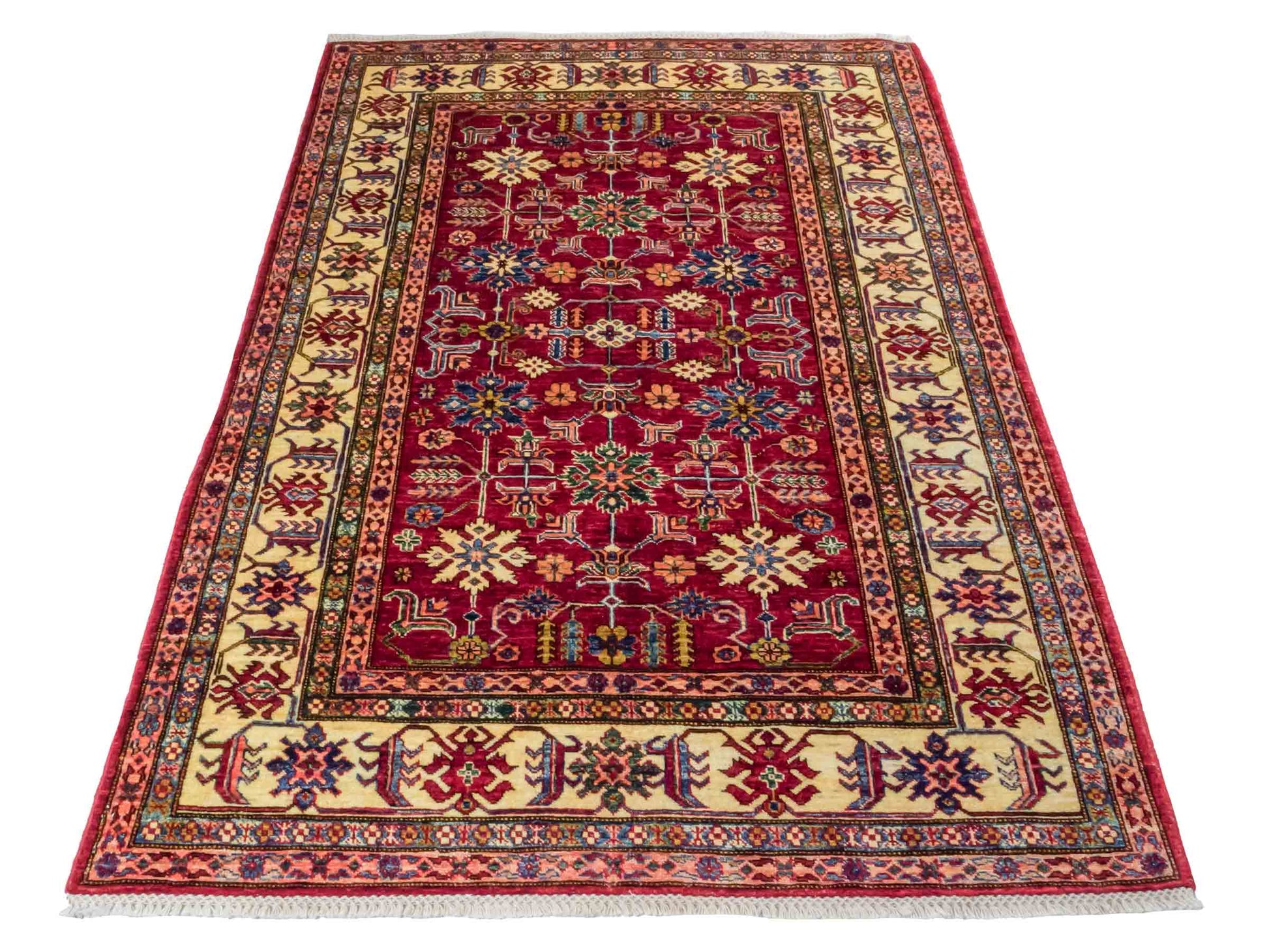 Handgeknüpfter Ziegler Kazak Orientteppich von Khademi aus Wolle, rot. Klassisches Design. Von Hand geknüpft in Afghanistan. Größe: 193 cm x 146 cm. Teppichnummer: RB3-1062. Verkauf durch Jupiter Intl.