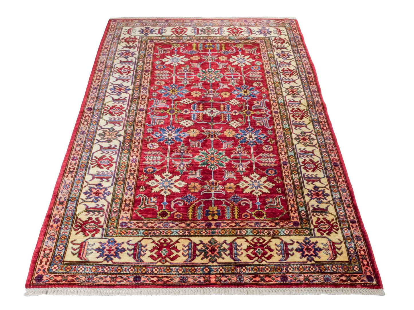 Handgeknüpfter Ziegler Kazak Orientteppich von Khademi aus Wolle, rot. Klassisches Design. Von Hand geknüpft in Afghanistan. Größe: 193 cm x 146 cm. Teppichnummer: RB3-1062. Verkauf durch Jupiter Intl.