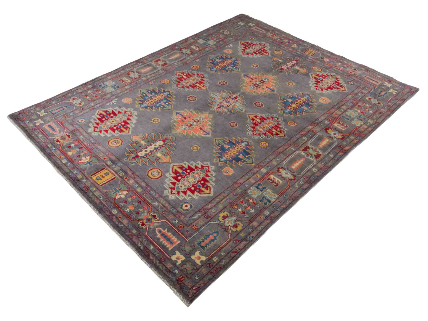 Handgeknüpfter Ziegler Kazak Orientteppich von Khademi aus Wolle, grau. Klassisches Design. Von Hand geknüpft in Afghanistan. Größe: 222 cm x 166 cm. Teppichnummer: RB3-1065. Verkauf durch Jupiter Intl.