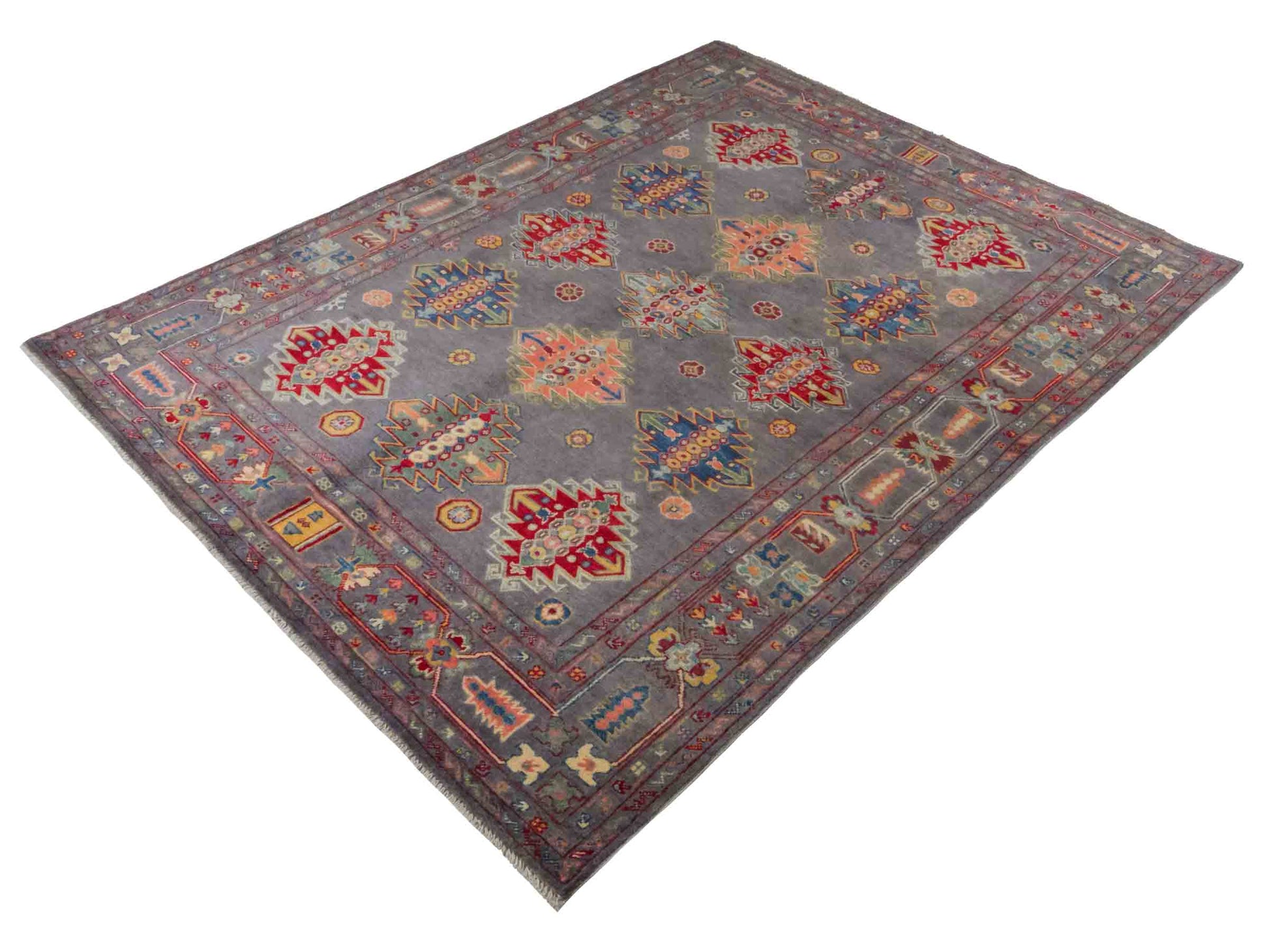 Handgeknüpfter Ziegler Kazak Orientteppich von Khademi aus Wolle, grau. Klassisches Design. Von Hand geknüpft in Afghanistan. Größe: 222 cm x 166 cm. Teppichnummer: RB3-1065. Verkauf durch Jupiter Intl.