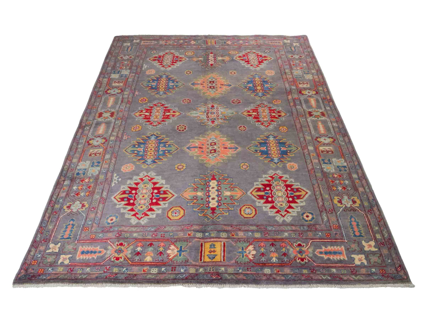 Handgeknüpfter Ziegler Kazak Orientteppich von Khademi aus Wolle, grau. Klassisches Design. Von Hand geknüpft in Afghanistan. Größe: 222 cm x 166 cm. Teppichnummer: RB3-1065. Verkauf durch Jupiter Intl.