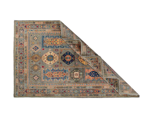 Handgeknüpfter Ziegler Kazak Orientteppich von Khademi aus Wolle, grün, grau. Klassisches Design. Von Hand geknüpft in Afghanistan. Größe: 230 cm x 145 cm. Teppichnummer: RB3-1064. Verkauf durch Jupiter Intl.