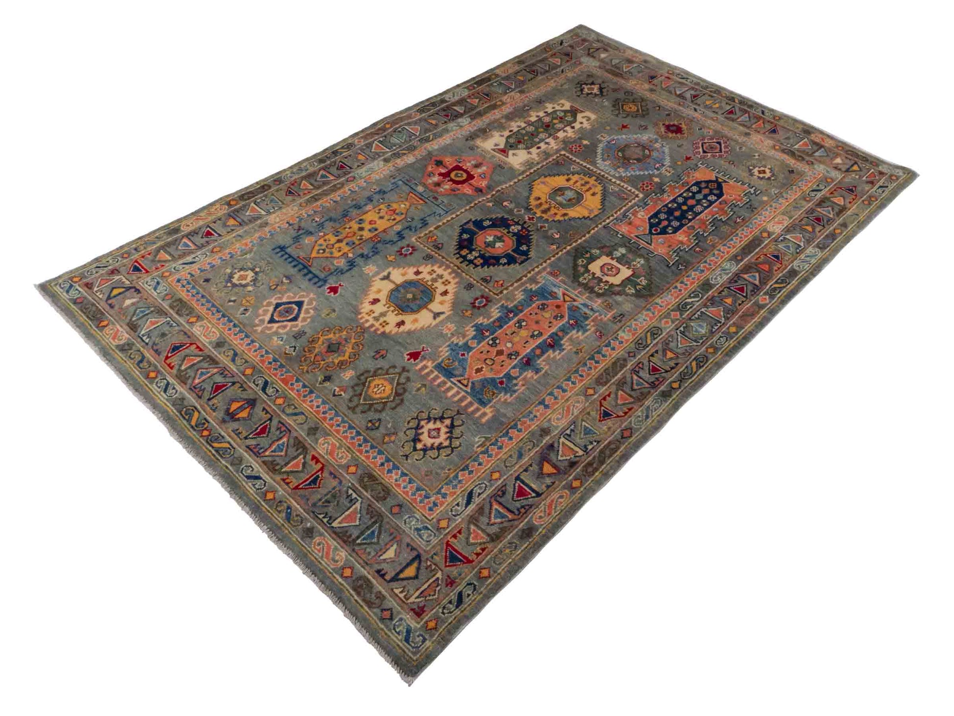Handgeknüpfter Ziegler Kazak Orientteppich von Khademi aus Wolle, grün, grau. Klassisches Design. Von Hand geknüpft in Afghanistan. Größe: 230 cm x 145 cm. Teppichnummer: RB3-1064. Verkauf durch Jupiter Intl.