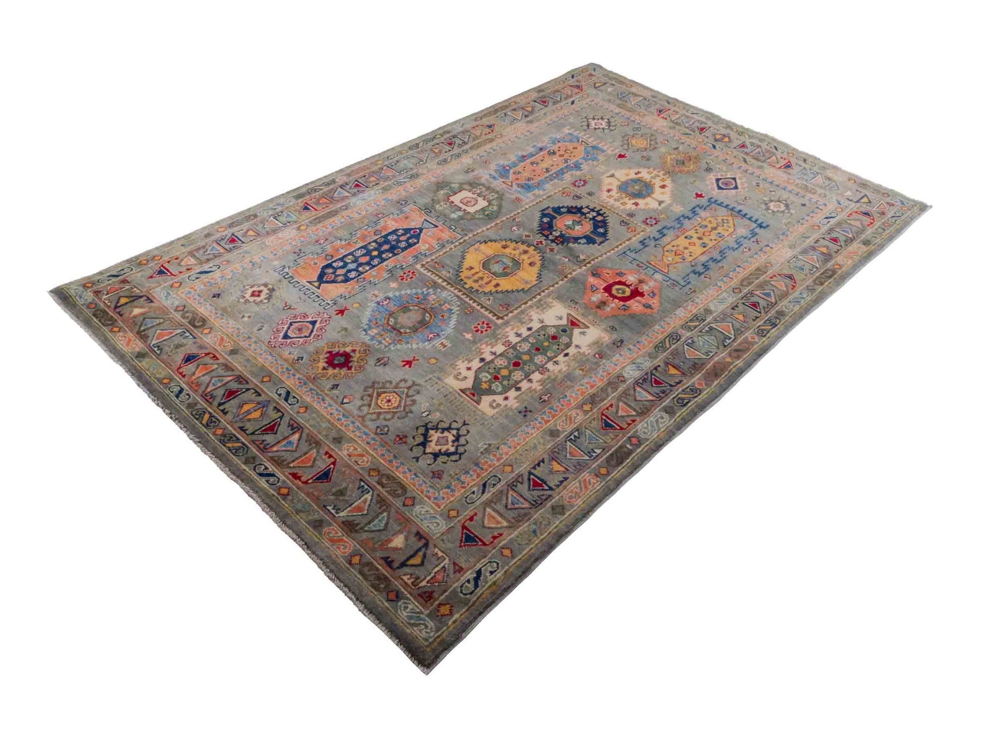 Handgeknüpfter Ziegler Kazak Orientteppich von Khademi aus Wolle, grün, grau. Klassisches Design. Von Hand geknüpft in Afghanistan. Größe: 230 cm x 145 cm. Teppichnummer: RB3-1064. Verkauf durch Jupiter Intl.