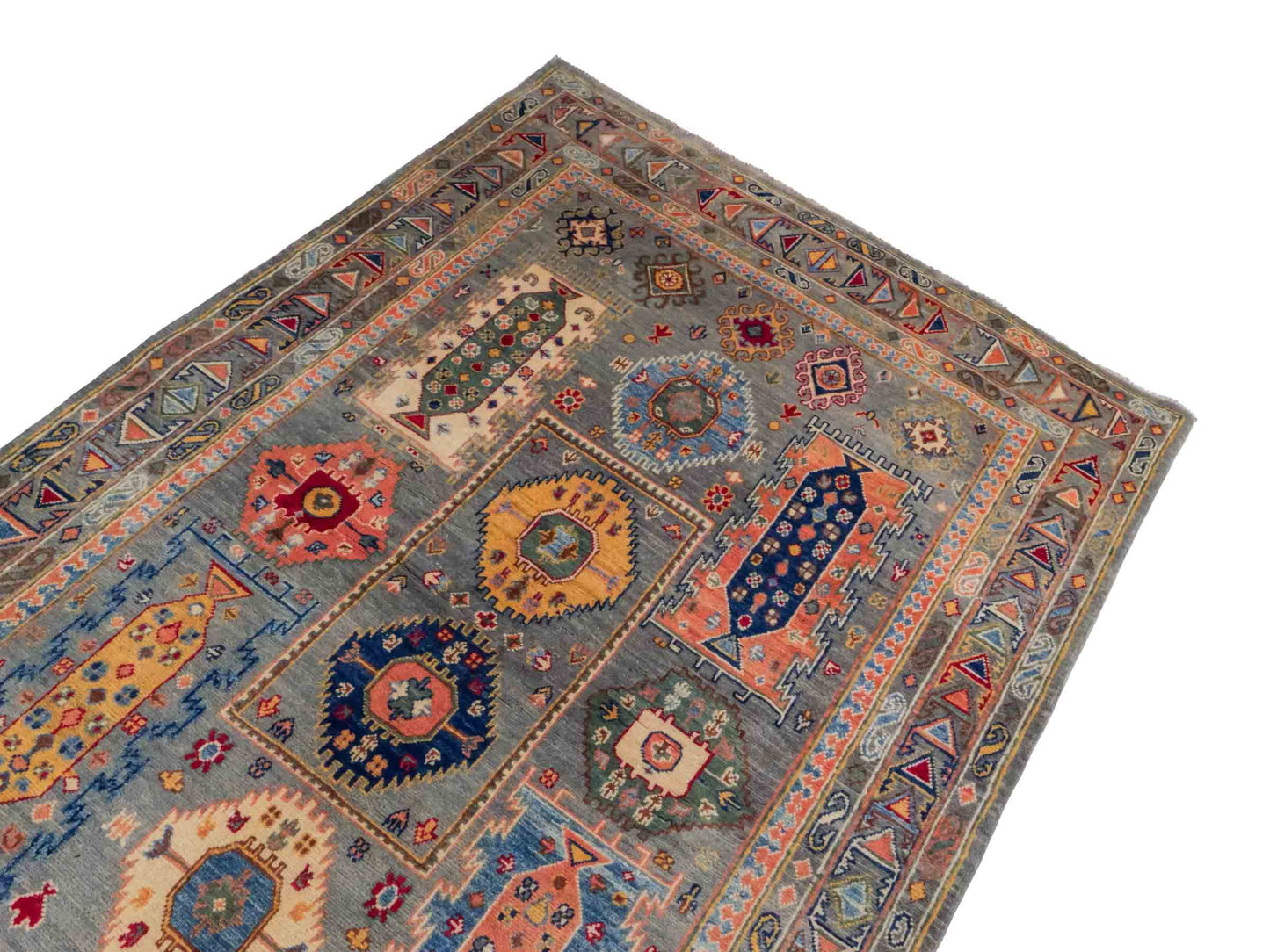 Handgeknüpfter Ziegler Kazak Orientteppich von Khademi aus Wolle, grün, grau. Klassisches Design. Von Hand geknüpft in Afghanistan. Größe: 230 cm x 145 cm. Teppichnummer: RB3-1064. Verkauf durch Jupiter Intl.