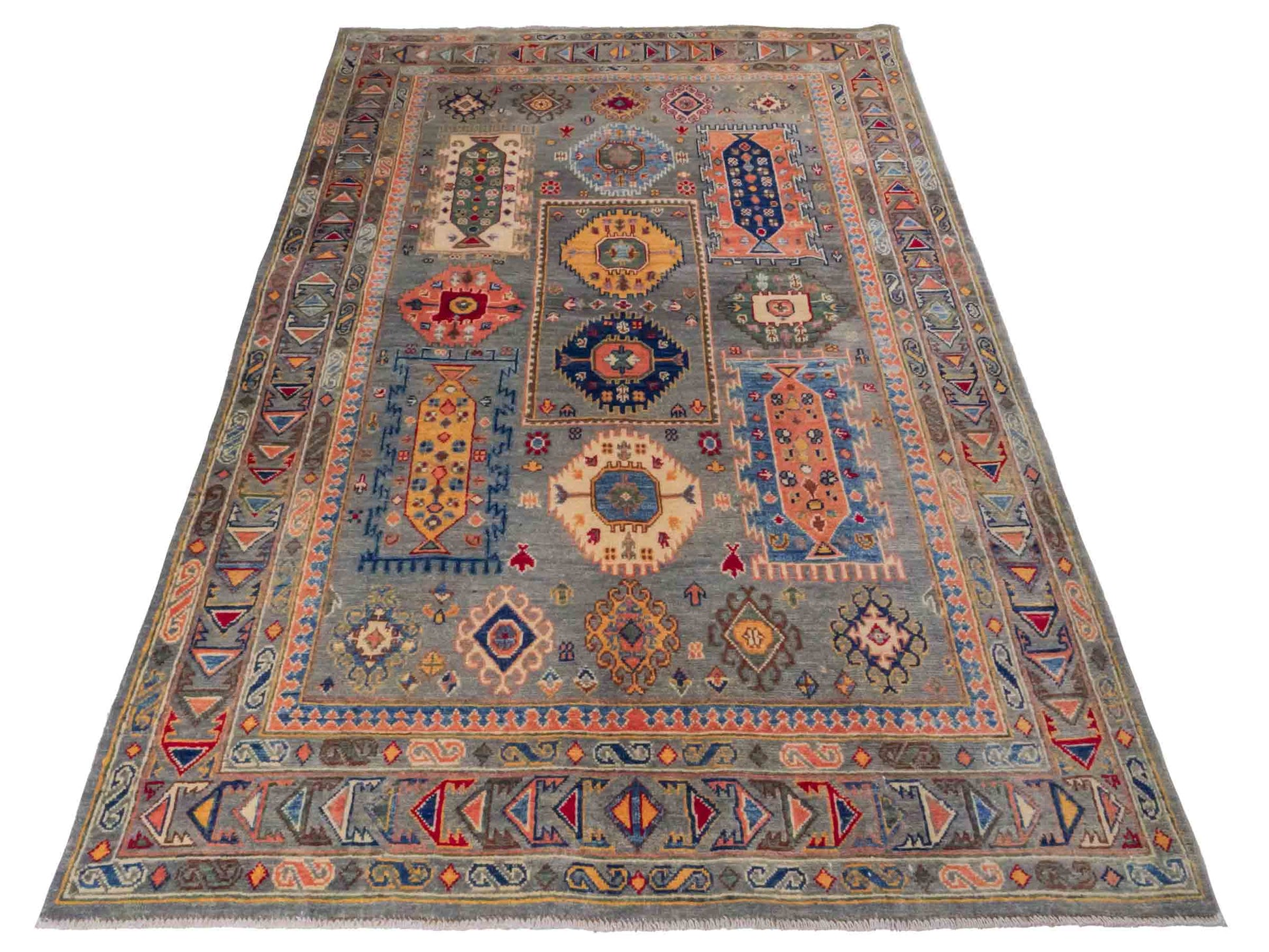 Handgeknüpfter Ziegler Kazak Orientteppich von Khademi aus Wolle, grün, grau. Klassisches Design. Von Hand geknüpft in Afghanistan. Größe: 230 cm x 145 cm. Teppichnummer: RB3-1064. Verkauf durch Jupiter Intl.