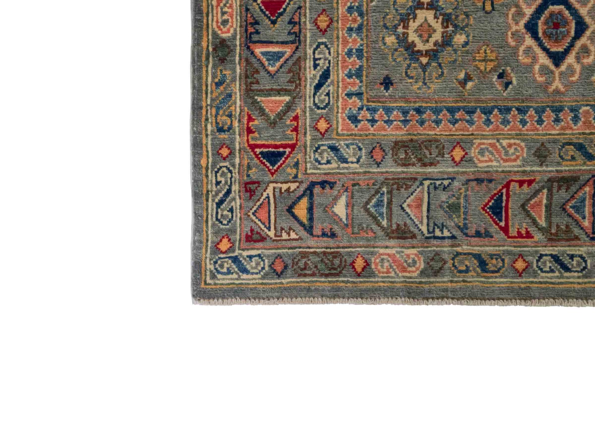 Handgeknüpfter Ziegler Kazak Orientteppich von Khademi aus Wolle, grün, grau. Klassisches Design. Von Hand geknüpft in Afghanistan. Größe: 230 cm x 145 cm. Teppichnummer: RB3-1064. Verkauf durch Jupiter Intl.