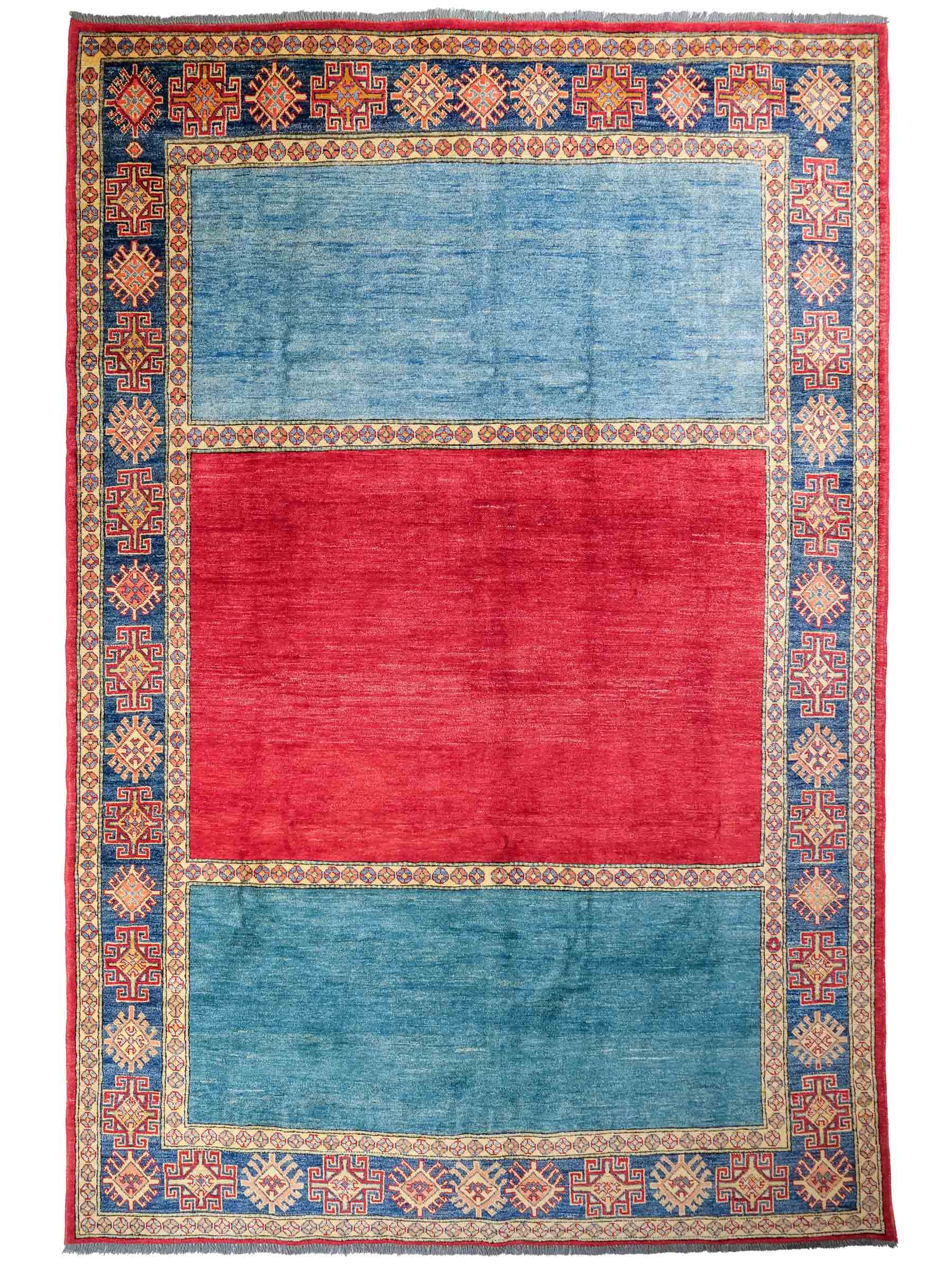Handgeknüpfter Ziegler Kazak Orientteppich von Khademi aus Wolle, blau, rot. Klassisches Design. Von Hand geknüpft in Afghanistan. Größe: 283 cm x 209 cm. Teppichnummer: RB3-1011. Verkauf durch Jupiter Intl.