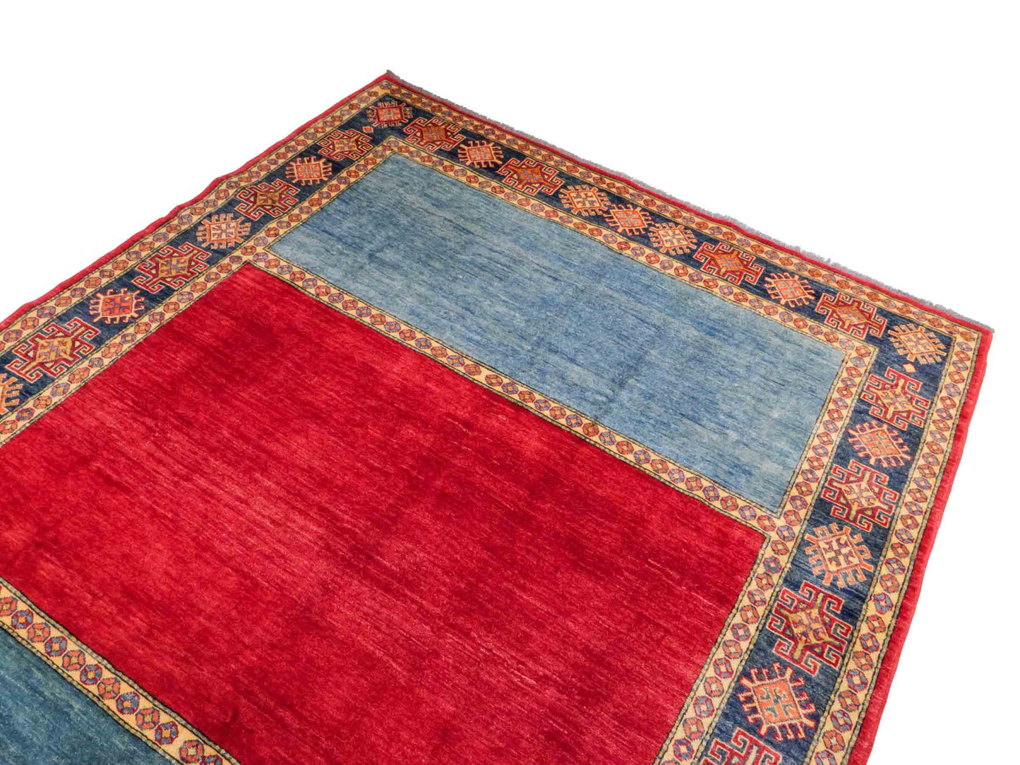 Handgeknüpfter Ziegler Kazak Orientteppich von Khademi aus Wolle, blau, rot. Klassisches Design. Von Hand geknüpft in Afghanistan. Größe: 283 cm x 209 cm. Teppichnummer: RB3-1011. Verkauf durch Jupiter Intl.