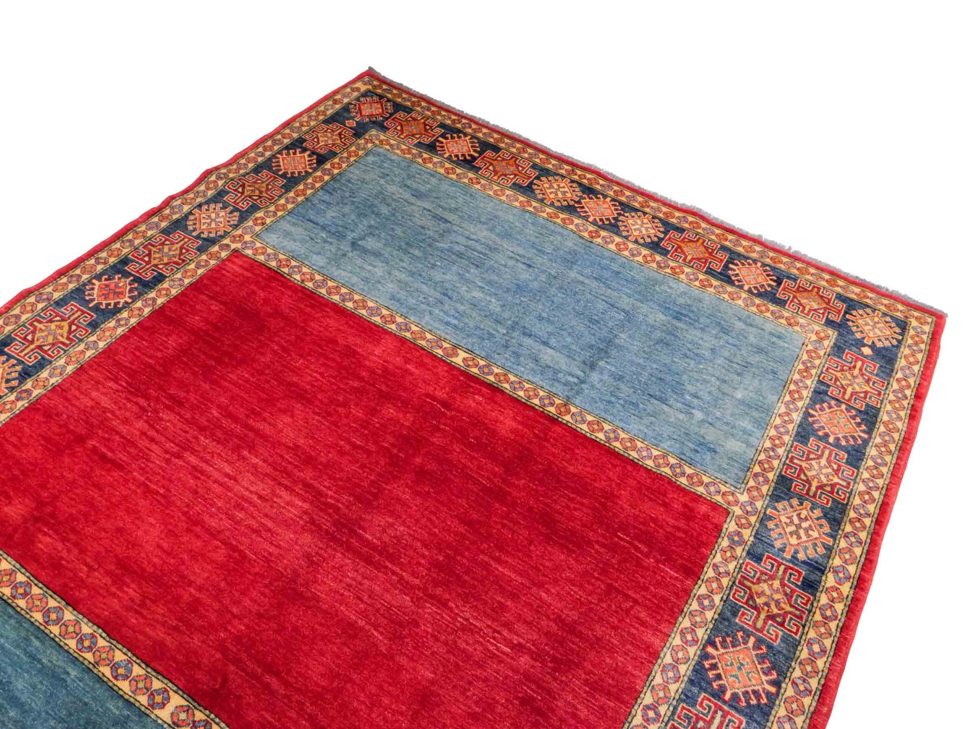 Handgeknüpfter Ziegler Kazak Orientteppich von Khademi aus Wolle, blau, rot. Klassisches Design. Von Hand geknüpft in Afghanistan. Größe: 283 cm x 209 cm. Teppichnummer: RB3-1011. Verkauf durch Jupiter Intl.