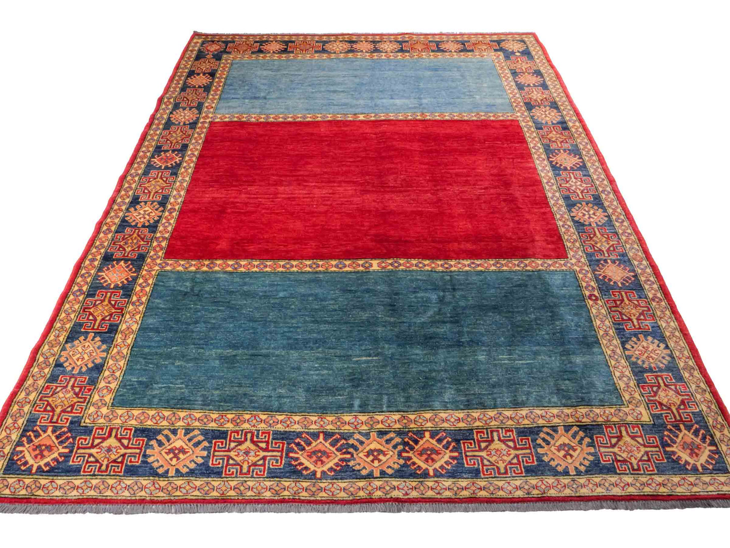 Handgeknüpfter Ziegler Kazak Orientteppich von Khademi aus Wolle, blau, rot. Klassisches Design. Von Hand geknüpft in Afghanistan. Größe: 283 cm x 209 cm. Teppichnummer: RB3-1011. Verkauf durch Jupiter Intl.