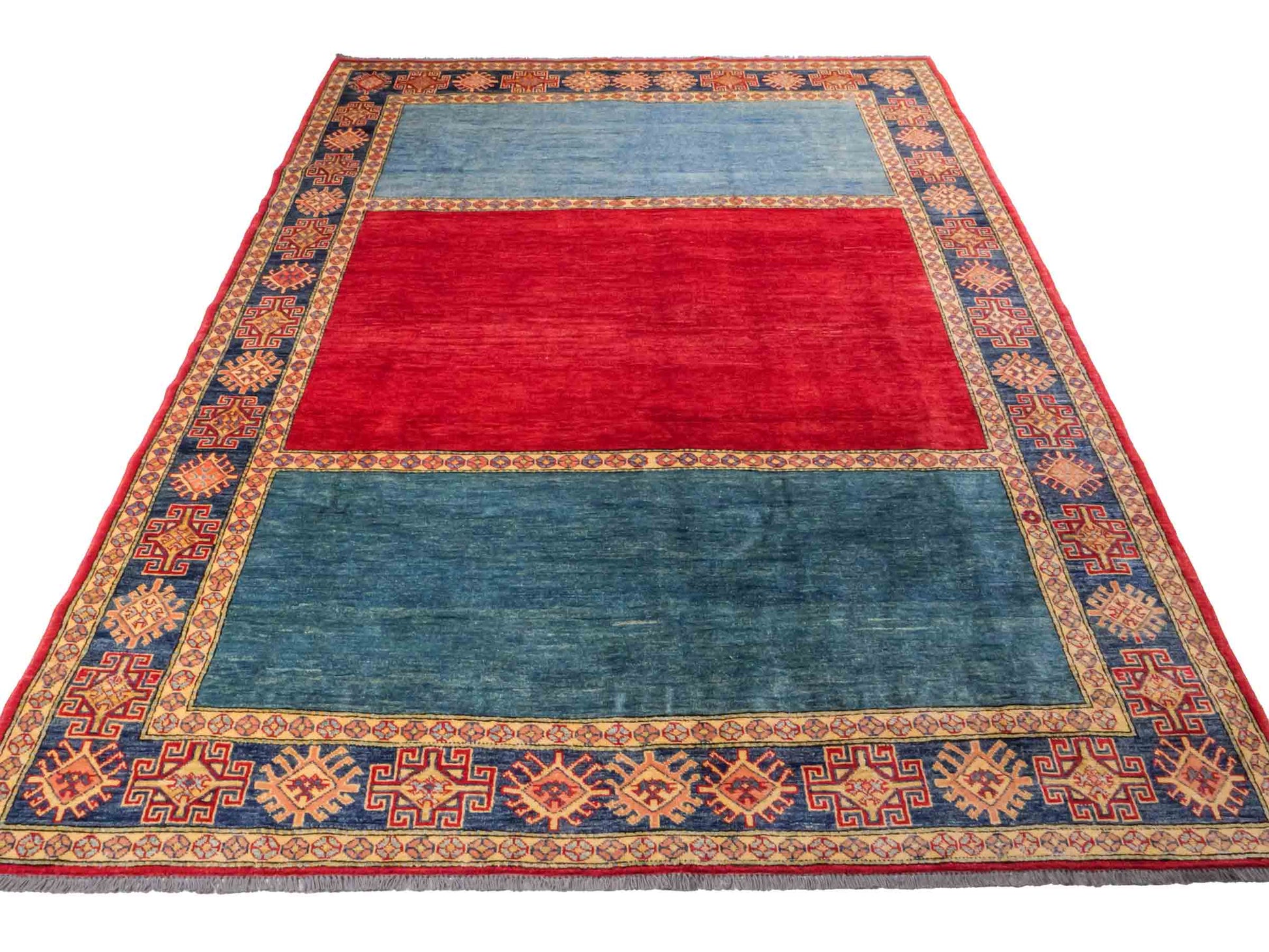 Handgeknüpfter Ziegler Kazak Orientteppich von Khademi aus Wolle, blau, rot. Klassisches Design. Von Hand geknüpft in Afghanistan. Größe: 283 cm x 209 cm. Teppichnummer: RB3-1011. Verkauf durch Jupiter Intl.