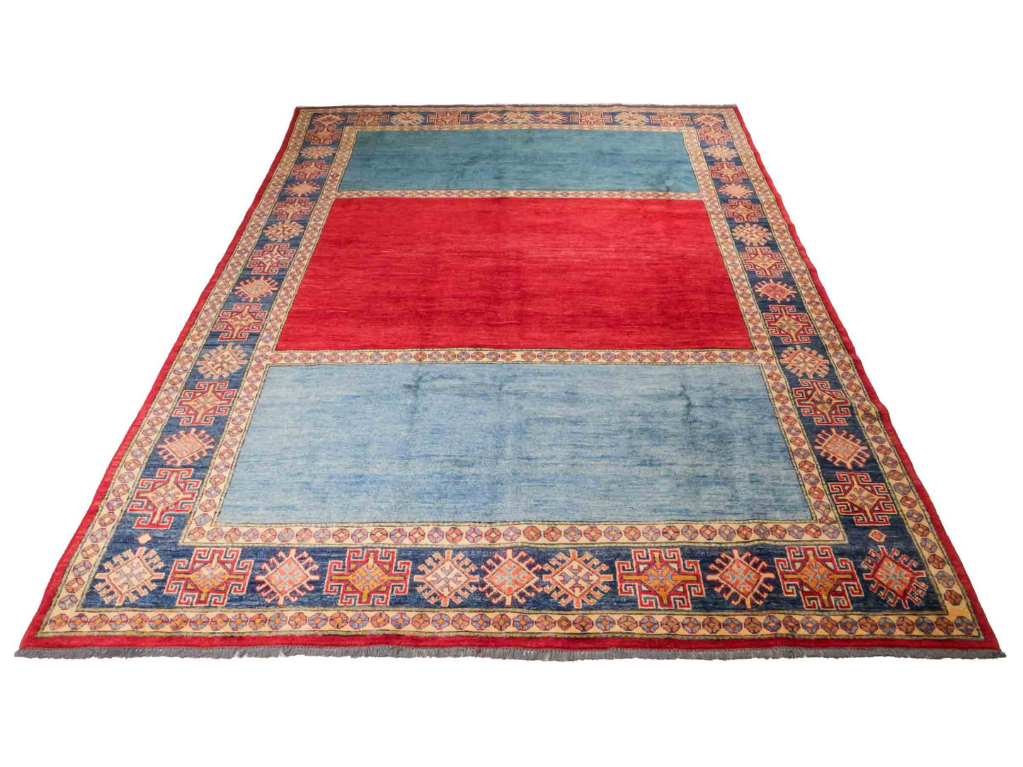 Handgeknüpfter Ziegler Kazak Orientteppich von Khademi aus Wolle, blau, rot. Klassisches Design. Von Hand geknüpft in Afghanistan. Größe: 283 cm x 209 cm. Teppichnummer: RB3-1011. Verkauf durch Jupiter Intl.