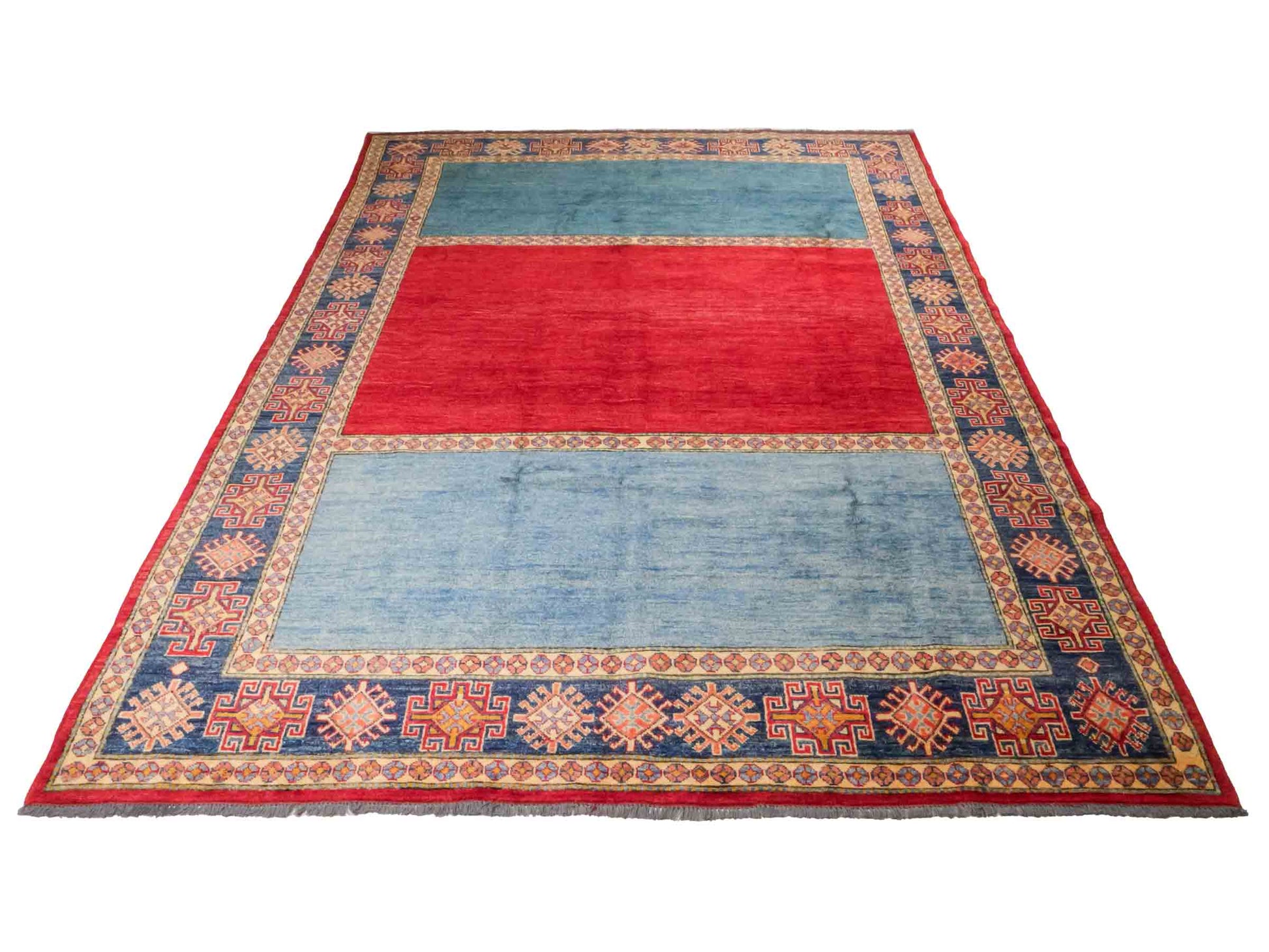 Handgeknüpfter Ziegler Kazak Orientteppich von Khademi aus Wolle, blau, rot. Klassisches Design. Von Hand geknüpft in Afghanistan. Größe: 283 cm x 209 cm. Teppichnummer: RB3-1011. Verkauf durch Jupiter Intl.