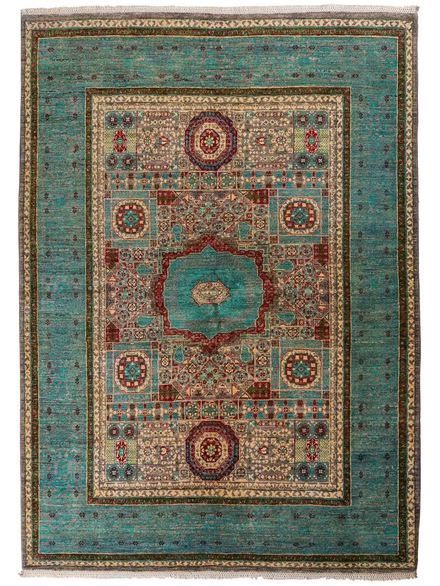Handgeknüpfter Ziegler Mamluk Orientteppich von Khademi aus Wolle, blau, türkis. Klassisches, geometrisches Medaillon-Design. Von Hand geknüpft in Afghanistan. Größe: 204 cm x 155 cm. Teppichnummer: RB3-1057. Verkauf durch Jupiter Intl.