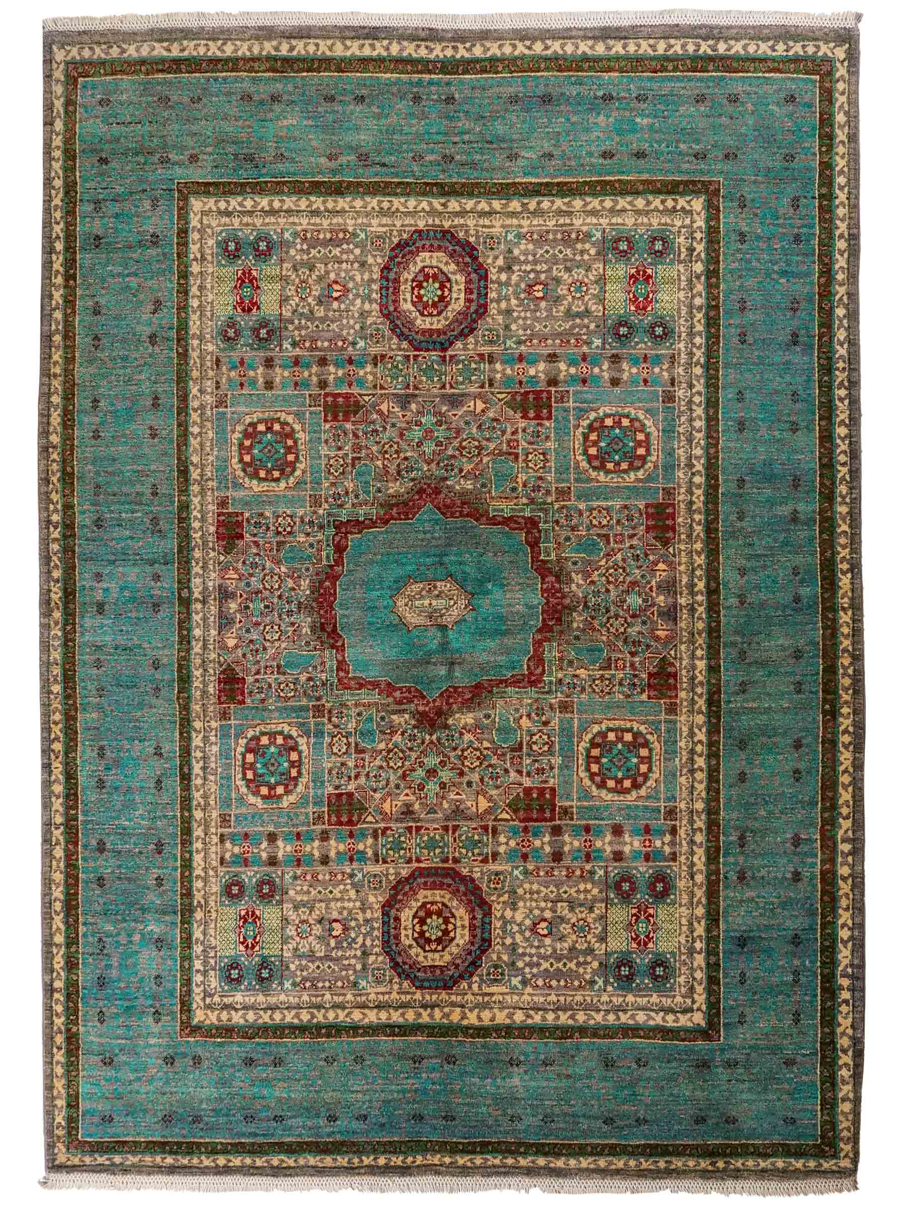 Handgeknüpfter Ziegler Mamluk Orientteppich von Khademi aus Wolle, blau, türkis. Klassisches, geometrisches Medaillon-Design. Von Hand geknüpft in Afghanistan. Größe: 204 cm x 155 cm. Teppichnummer: RB3-1057. Verkauf durch Jupiter Intl.