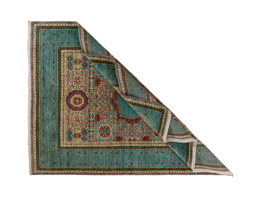 Handgeknüpfter Ziegler Mamluk Orientteppich von Khademi aus Wolle, blau, türkis. Klassisches, geometrisches Medaillon-Design. Von Hand geknüpft in Afghanistan. Größe: 204 cm x 155 cm. Teppichnummer: RB3-1057. Verkauf durch Jupiter Intl.