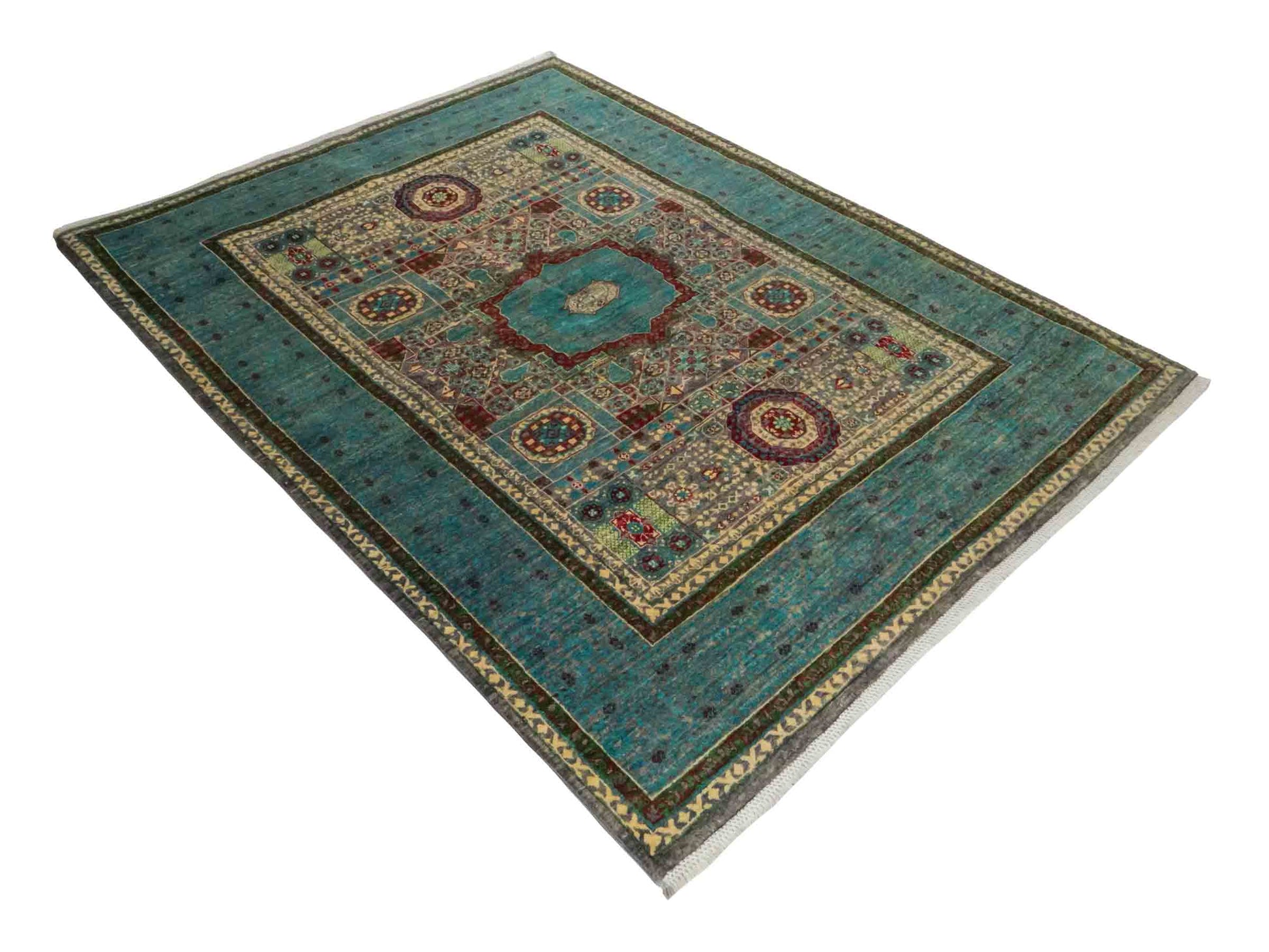 Handgeknüpfter Ziegler Mamluk Orientteppich von Khademi aus Wolle, blau, türkis. Klassisches, geometrisches Medaillon-Design. Von Hand geknüpft in Afghanistan. Größe: 204 cm x 155 cm. Teppichnummer: RB3-1057. Verkauf durch Jupiter Intl.