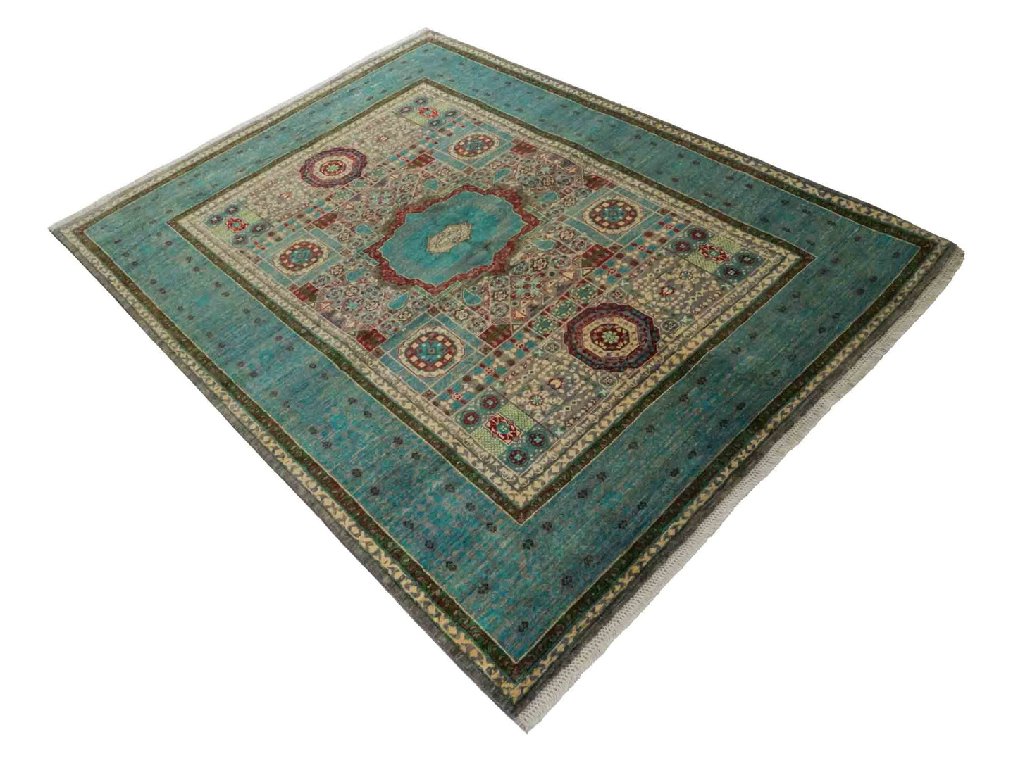 Handgeknüpfter Ziegler Mamluk Orientteppich von Khademi aus Wolle, blau, türkis. Klassisches, geometrisches Medaillon-Design. Von Hand geknüpft in Afghanistan. Größe: 204 cm x 155 cm. Teppichnummer: RB3-1057. Verkauf durch Jupiter Intl.