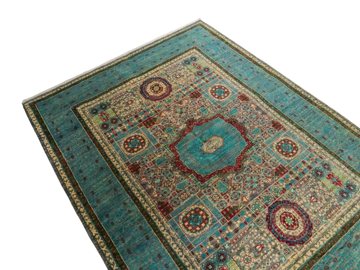 Handgeknüpfter Ziegler Mamluk Orientteppich von Khademi aus Wolle, blau, türkis. Klassisches, geometrisches Medaillon-Design. Von Hand geknüpft in Afghanistan. Größe: 204 cm x 155 cm. Teppichnummer: RB3-1057. Verkauf durch Jupiter Intl.