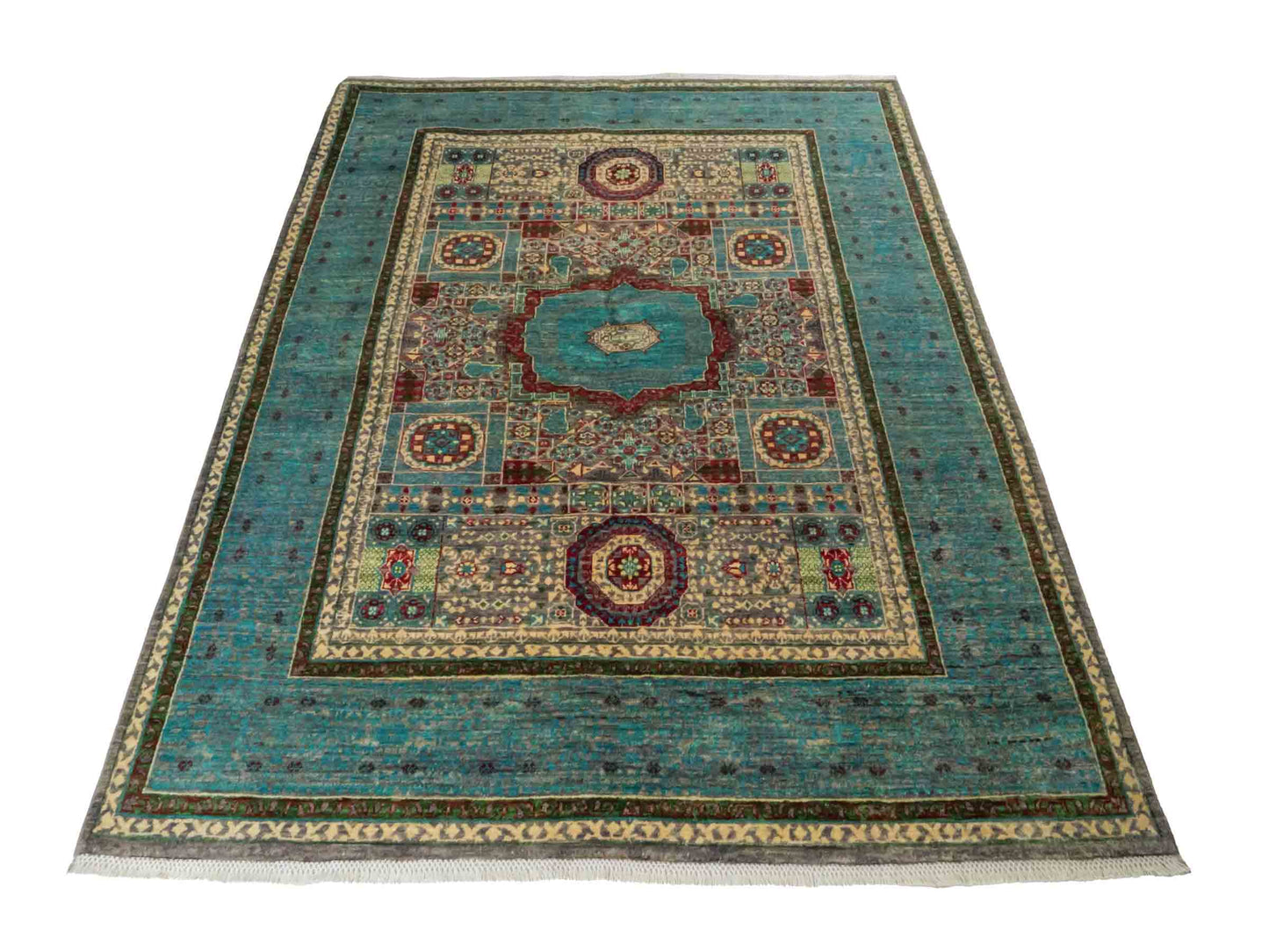 Handgeknüpfter Ziegler Mamluk Orientteppich von Khademi aus Wolle, blau, türkis. Klassisches, geometrisches Medaillon-Design. Von Hand geknüpft in Afghanistan. Größe: 204 cm x 155 cm. Teppichnummer: RB3-1057. Verkauf durch Jupiter Intl.