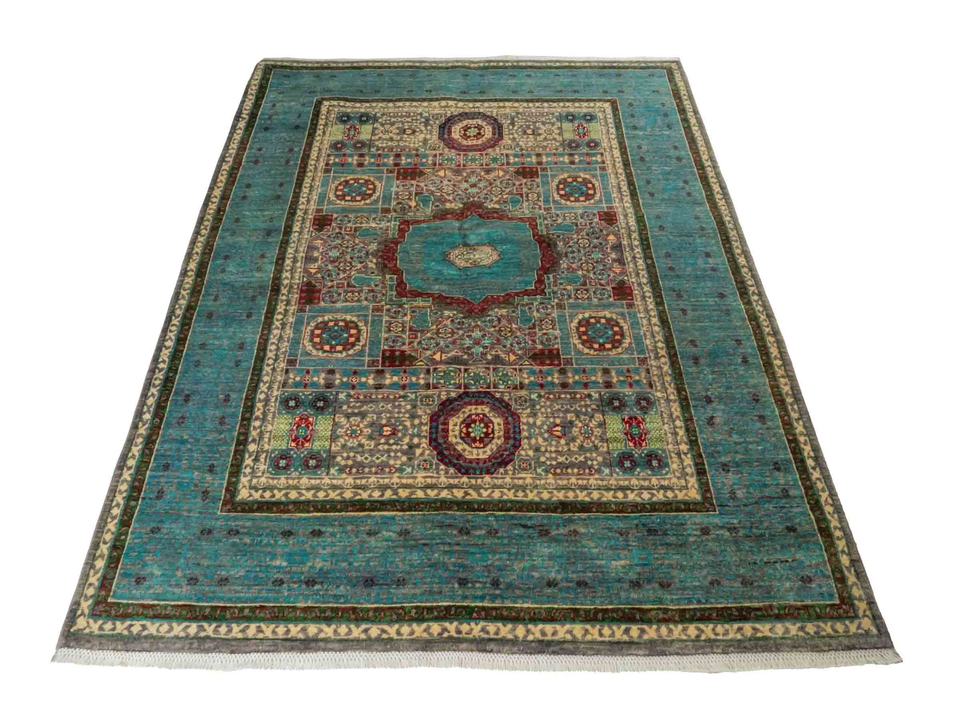Handgeknüpfter Ziegler Mamluk Orientteppich von Khademi aus Wolle, blau, türkis. Klassisches, geometrisches Medaillon-Design. Von Hand geknüpft in Afghanistan. Größe: 204 cm x 155 cm. Teppichnummer: RB3-1057. Verkauf durch Jupiter Intl.