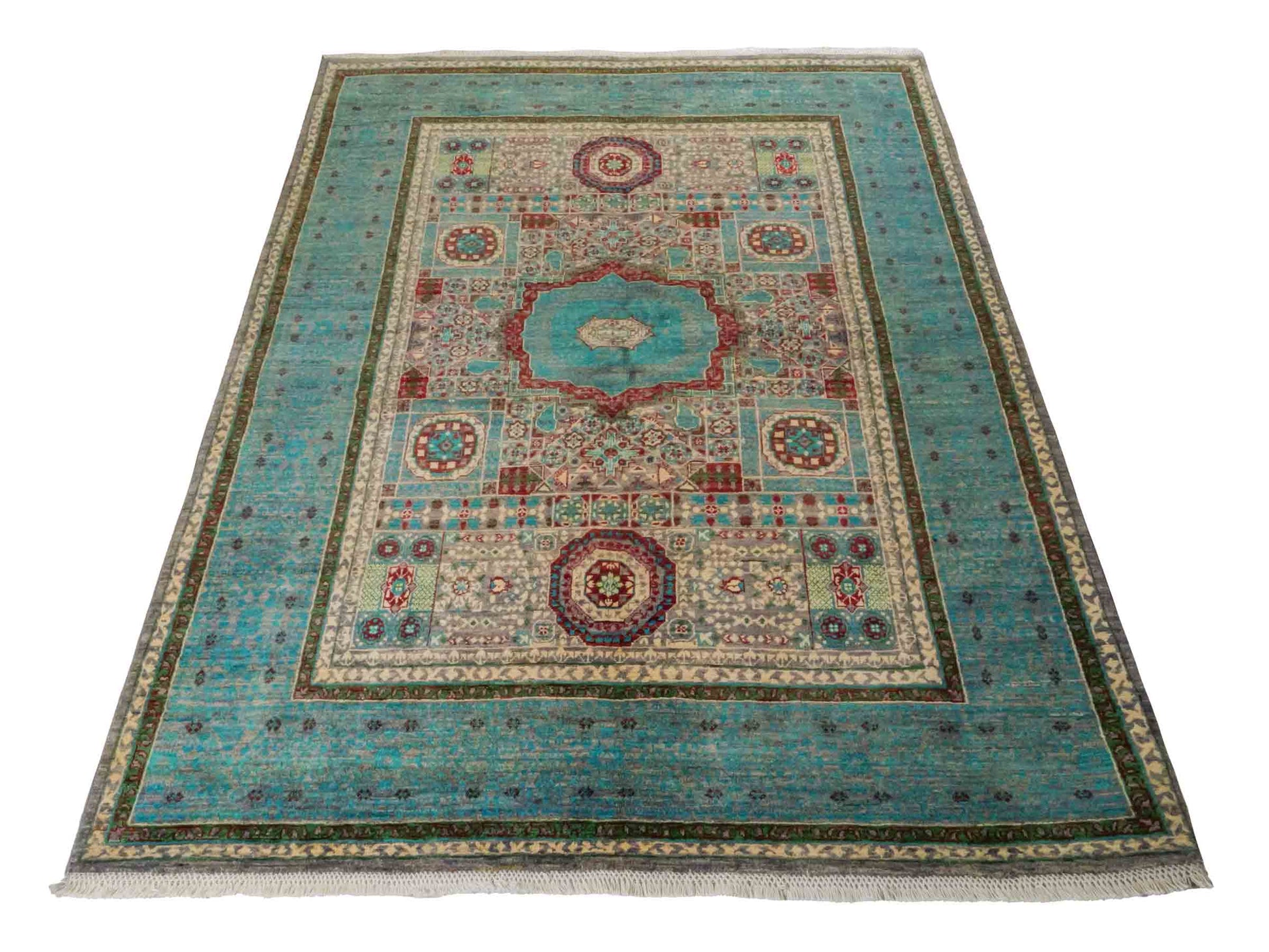 Handgeknüpfter Ziegler Mamluk Orientteppich von Khademi aus Wolle, blau, türkis. Klassisches, geometrisches Medaillon-Design. Von Hand geknüpft in Afghanistan. Größe: 204 cm x 155 cm. Teppichnummer: RB3-1057. Verkauf durch Jupiter Intl.
