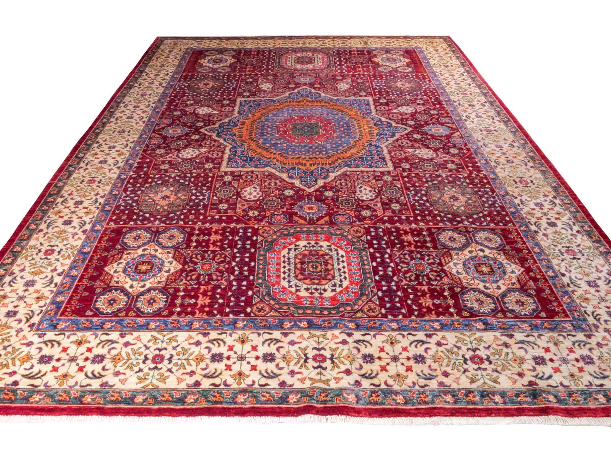 Handgeknüpfter Ziegler Mamluk Orientteppich von Khademi aus Wolle, rot. Klassisches, geometrisches Medaillon-Design. Traditionell von Hand geknüpft in Afghanistan. Größe: 373 cm x 277 cm. Teppichnummer: RB3-1017. Verkauf durch Jupiter Intl.
