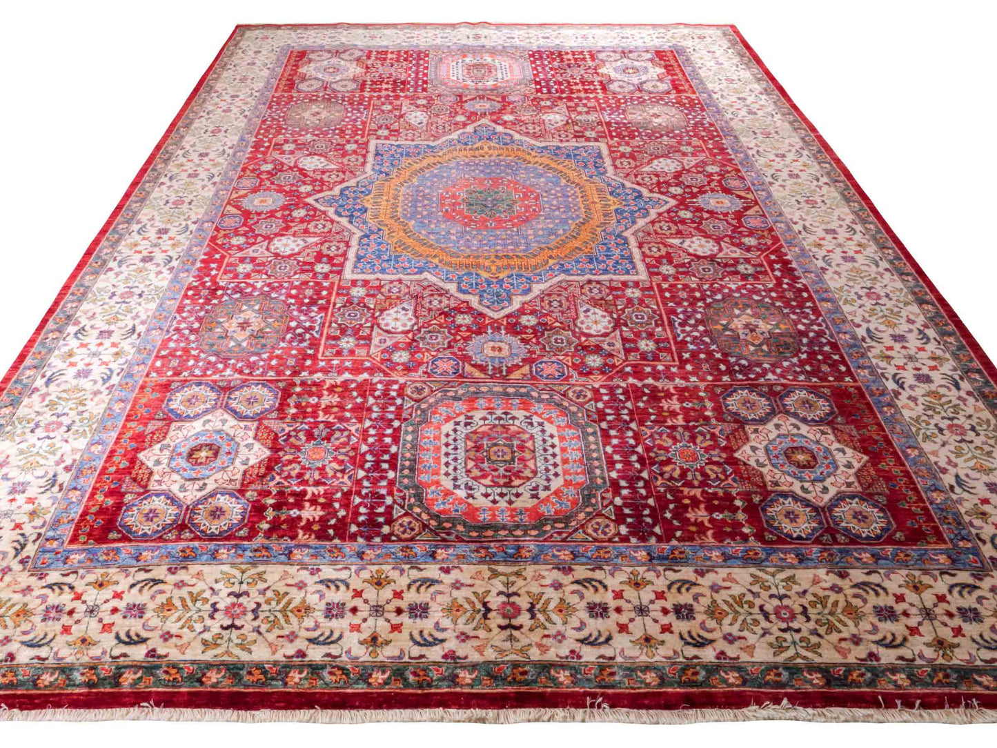Handgeknüpfter Ziegler Mamluk Orientteppich von Khademi aus Wolle, rot. Klassisches, geometrisches Medaillon-Design. Traditionell von Hand geknüpft in Afghanistan. Größe: 373 cm x 277 cm. Teppichnummer: RB3-1017. Verkauf durch Jupiter Intl.